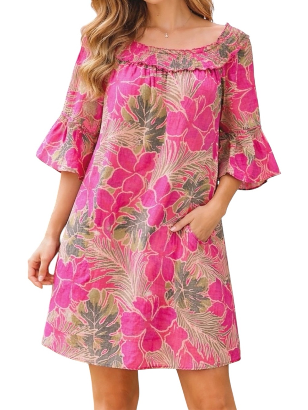 Mlle Gabrielle Tropical Floral Dress Pink Green Bell Sleeve Resort Vacation L XL